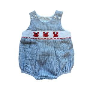 Smock Monkey Seersucker Smocked Romper Kids 3M Blue White Excellent Crab Bubble
